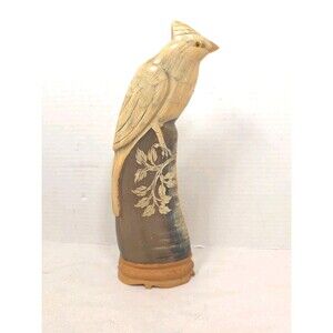 Vintage 11" Carved Water Buffalo Horn Hand Carved Bird Sculpture Woodbase